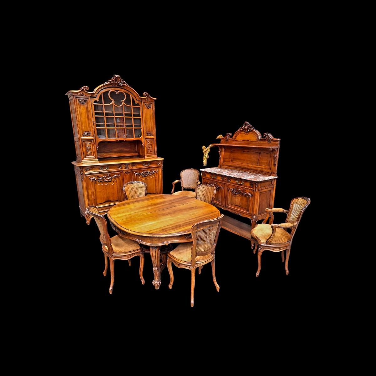 9-piece walnut dining suite in Louis XV style.