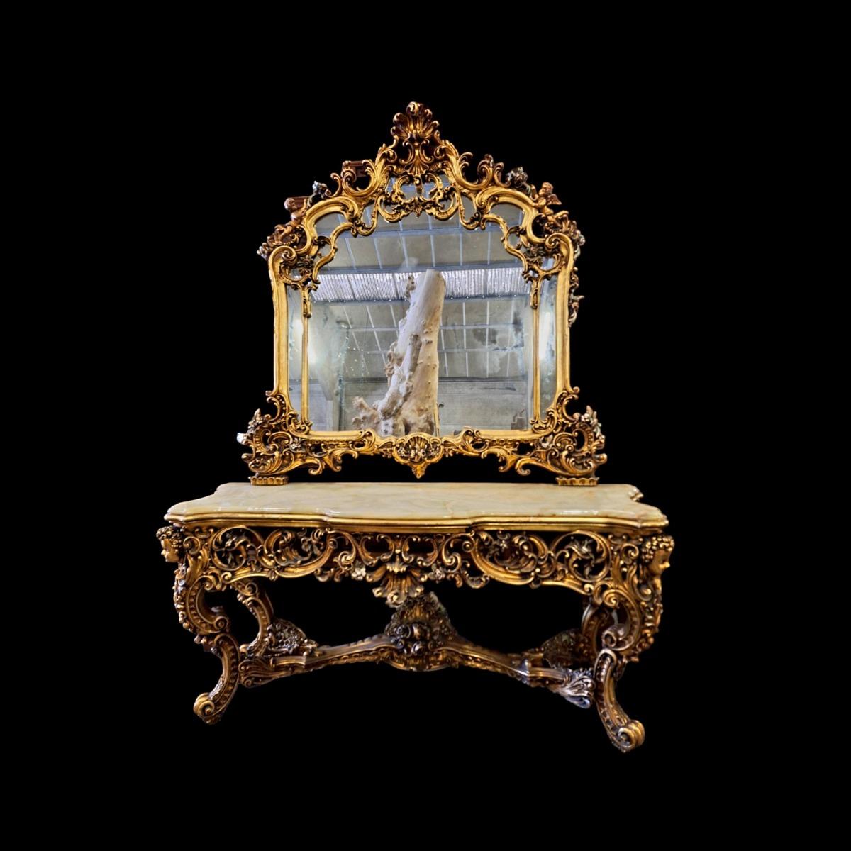 A large decorative wall console with mirror