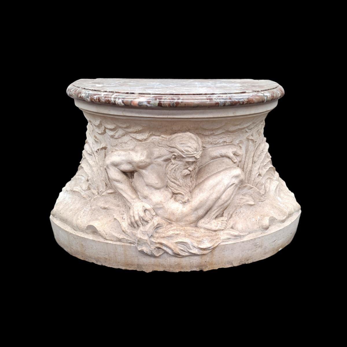 A Top quality carved stone pedestal with fine carved nautical scene