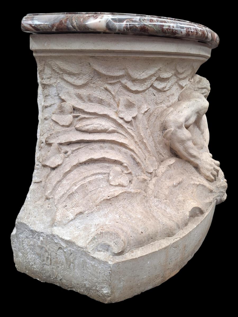 A Top quality carved stone pedestal with fine carved nautical scene