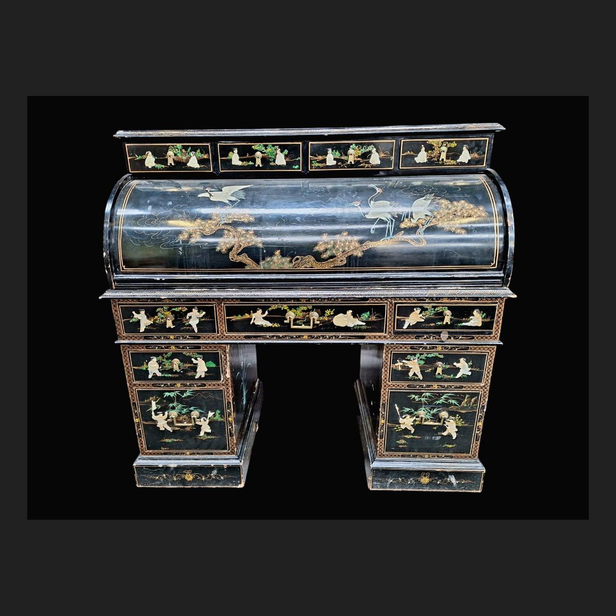 Chinese lacquered cylinder bureau