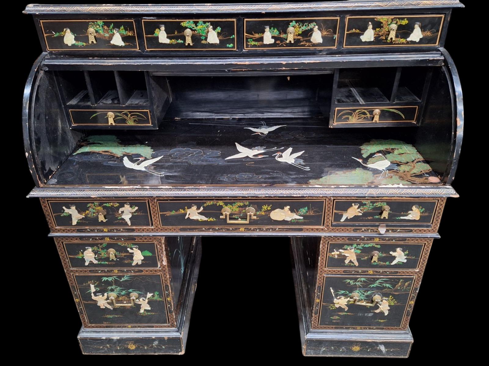 Chinese lacquered cylinder bureau