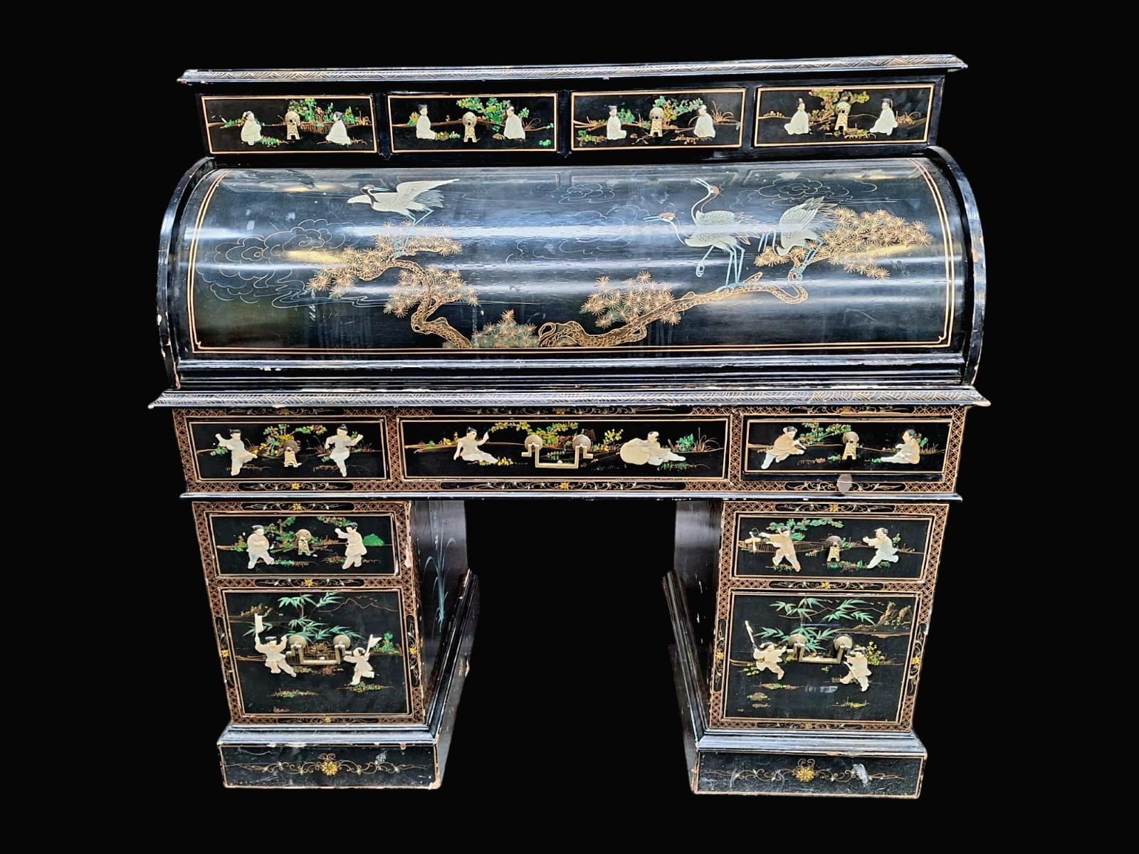 Chinese lacquered cylinder bureau