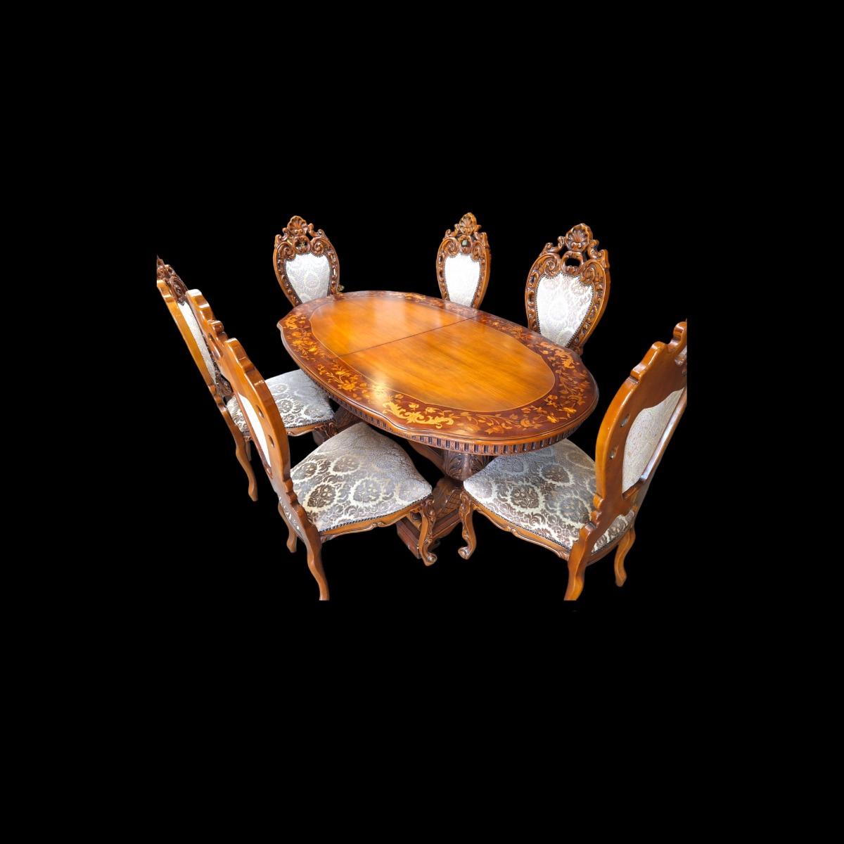 Italian style  marquetry dining set with cabinet and table.