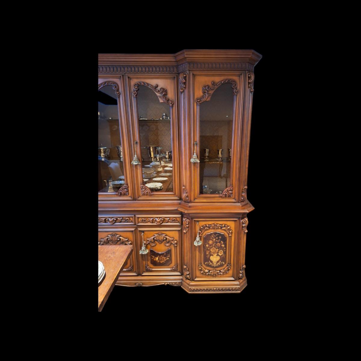 Italian style  marquetry dining set with cabinet and table.