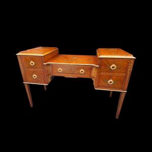 Mahogany vanity desk Louis XVI style with painted floral decorations.