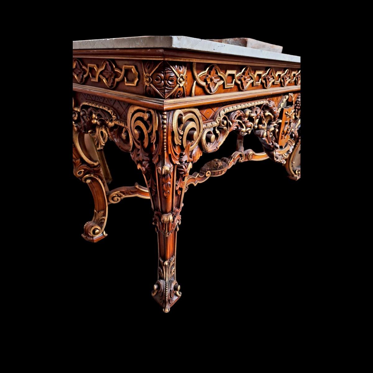 Very rich carved and coloured console table with a white marble top.  Ideal to decorate your entrance hall and impress imediately your visitors...