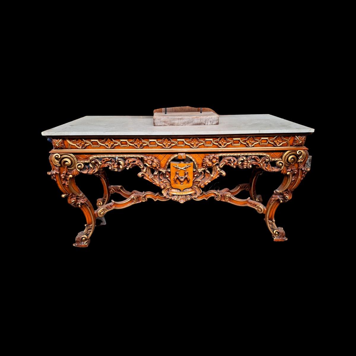 Very rich carved and coloured console table with a white marble top.  Ideal to decorate your entrance hall and impress imediately your visitors...